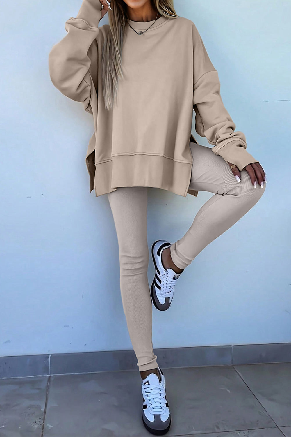 Orchid Mist Solid Color Oversize Slit Sweatshirt Ribbed Leggings 2pcs Set