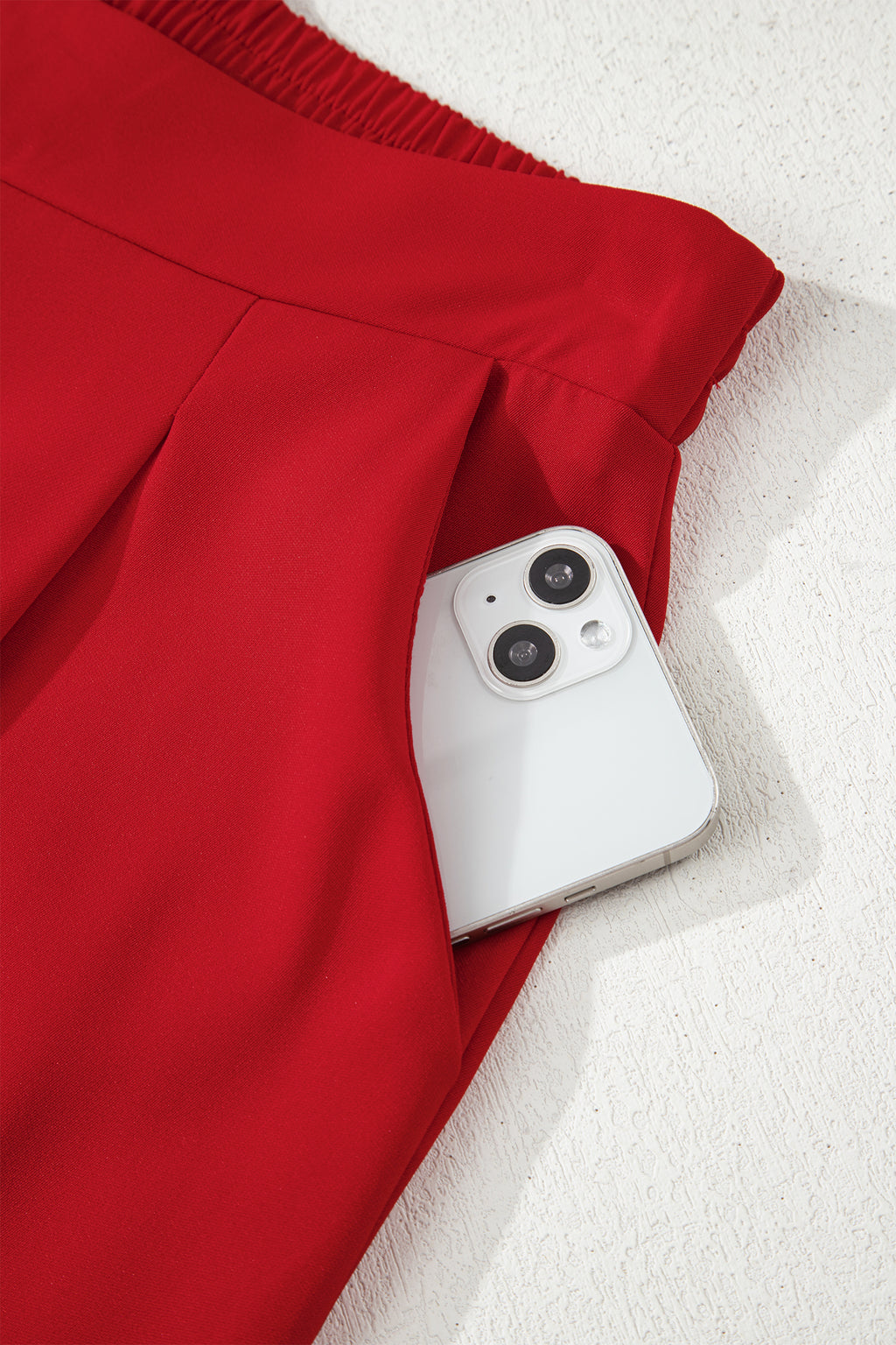 Fiery Red Pleated Detail Pull On High Elastic Waist Loose Straight Pants