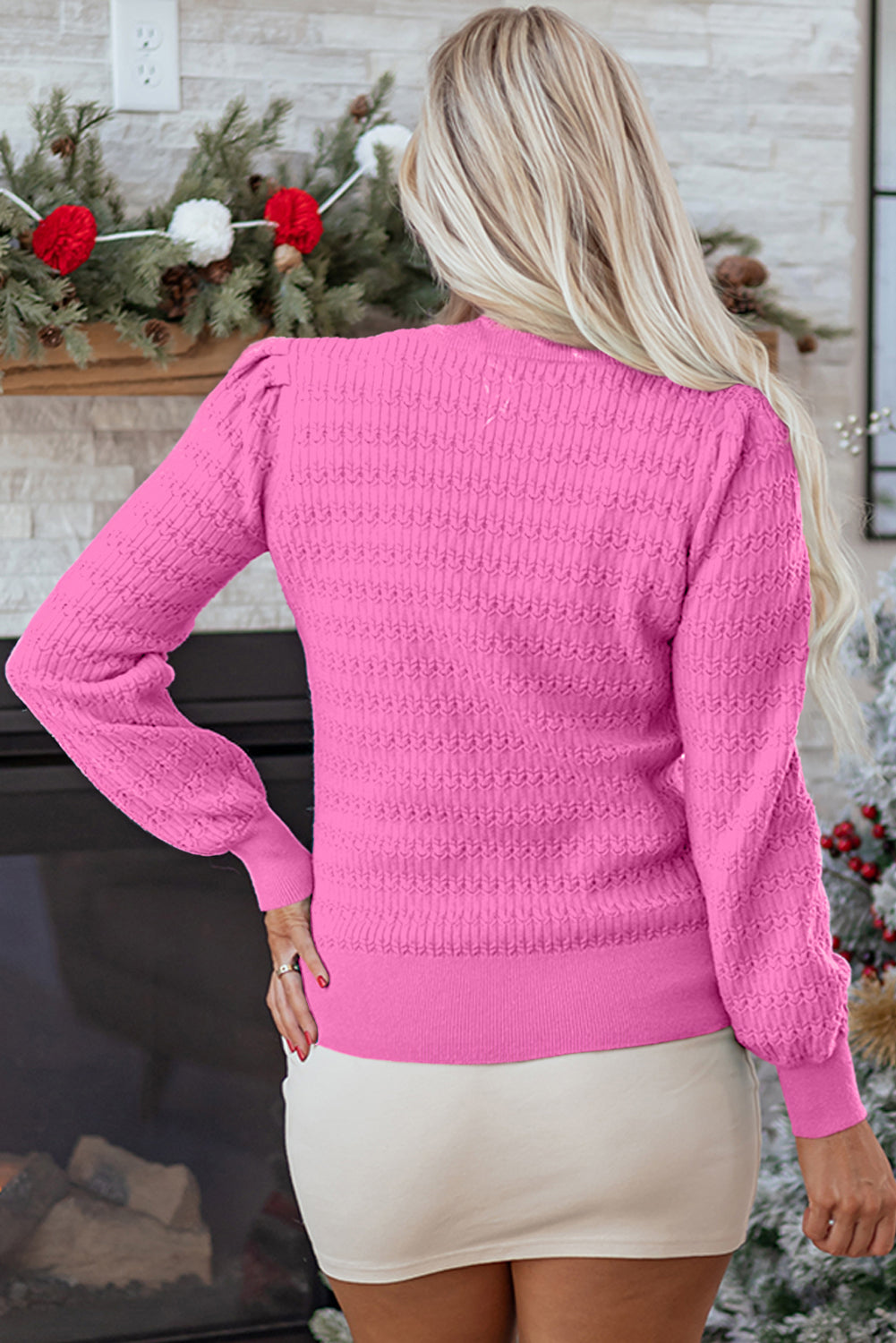 Sea Green Trendy Pattern Knit Ribbed Cuffs Crew Neck Sweater
