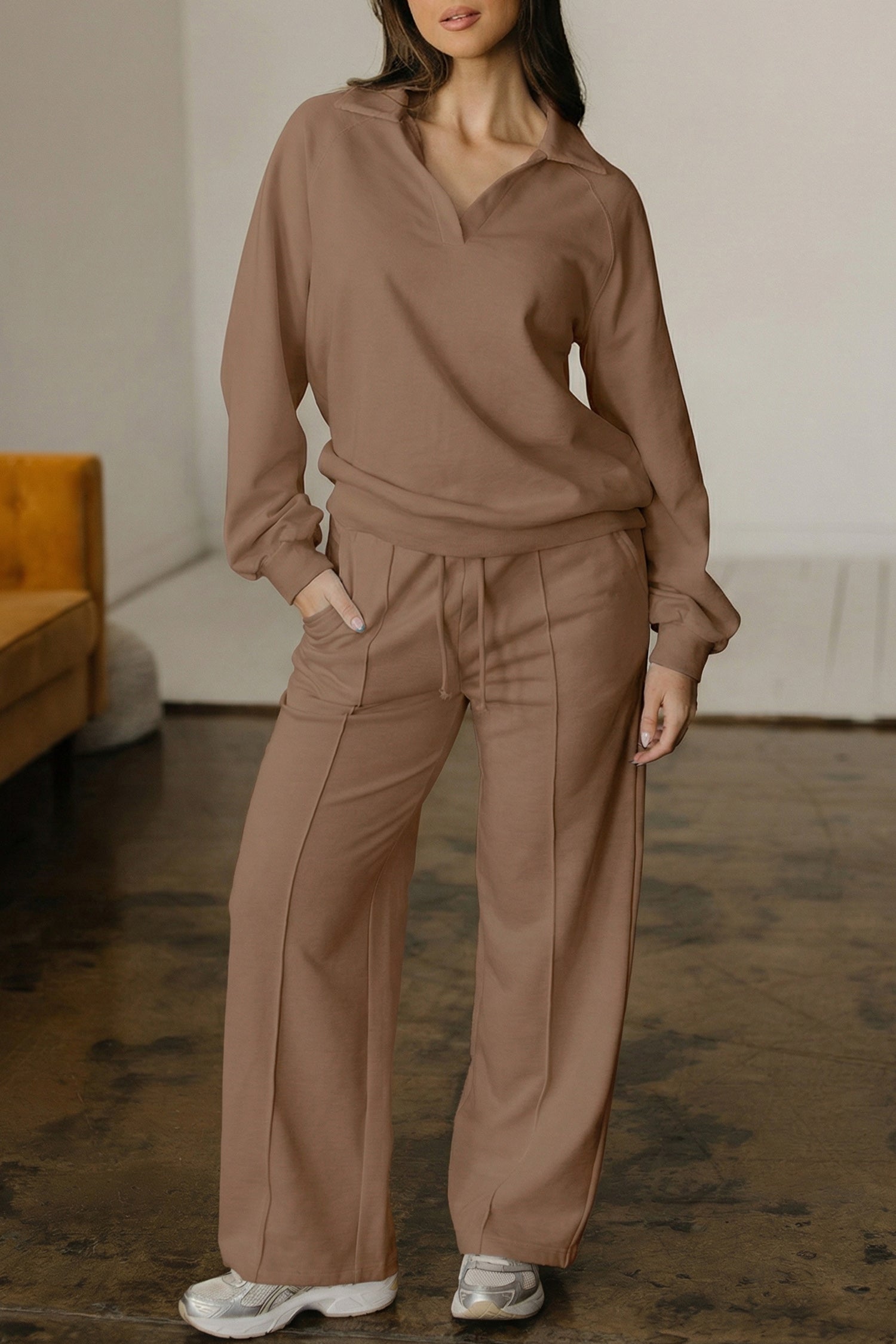 Light Grey Polo Collar V Neck Pullover and Drawstring Sweatpants Set