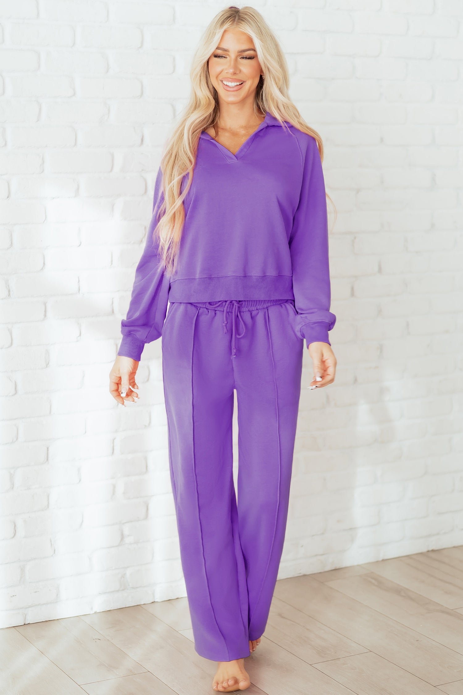 Sachet Pink Solid Color Collared Pullover and Central Seam Pants Set