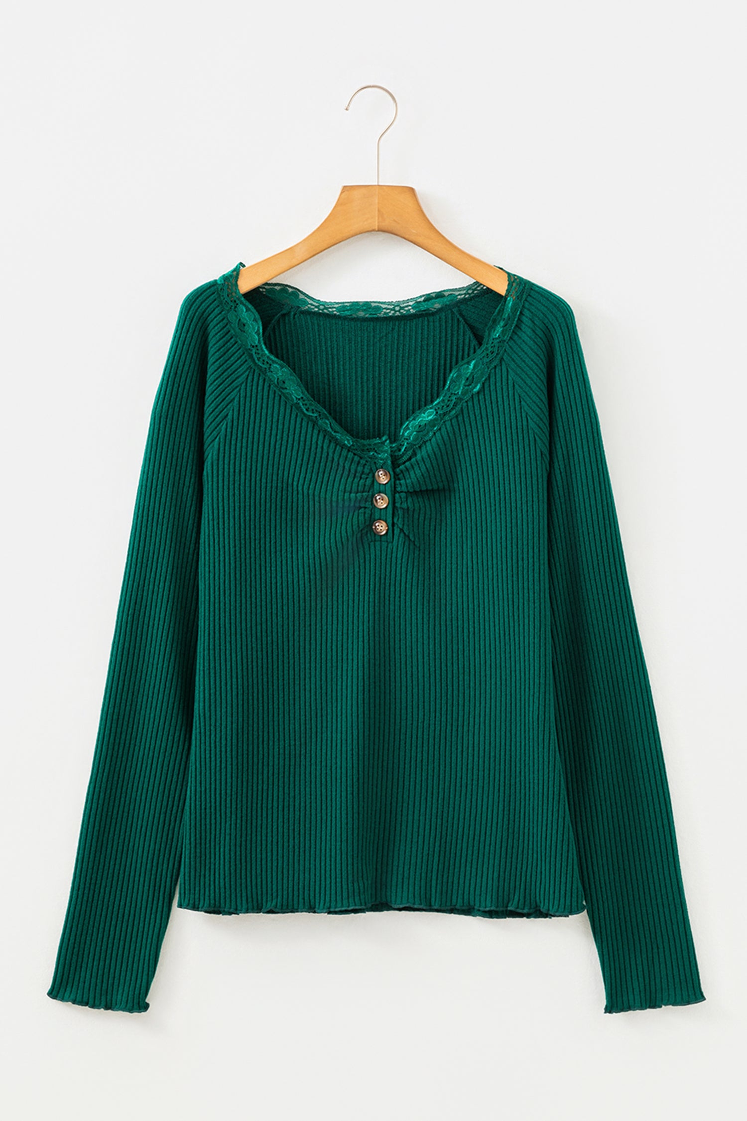 Skobeloff Lace Neckline Button Decor Lettuce Edge Long Sleeve Ribbed Top