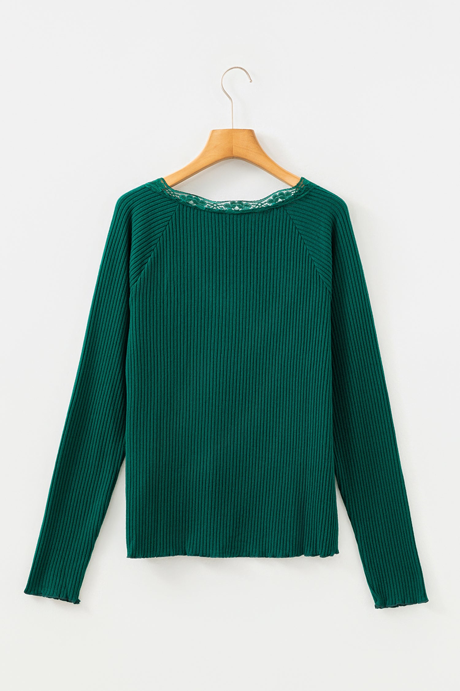 Skobeloff Lace Neckline Button Decor Lettuce Edge Long Sleeve Ribbed Top