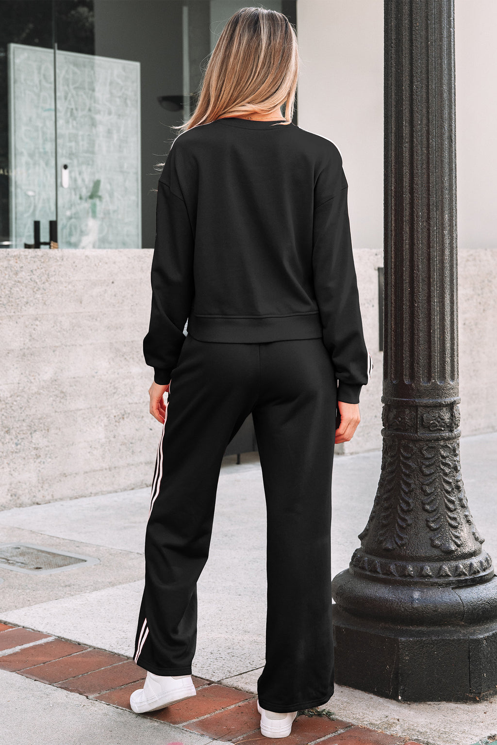 Dirty blue Varsity Striped Detail Crewneck Pullover Elastic Sweatpants 2pcs Outfit