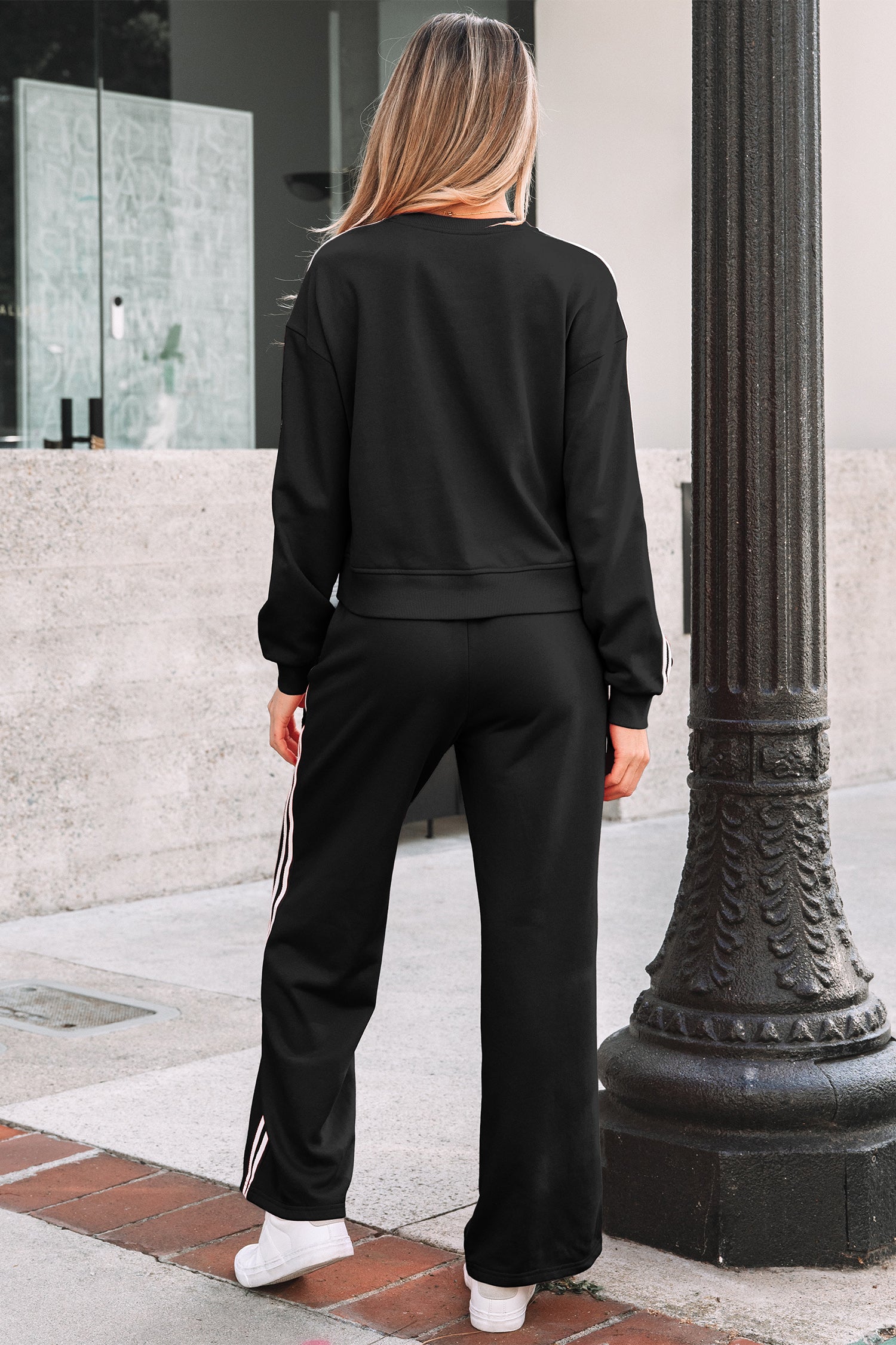 Dirty blue Varsity Striped Detail Crewneck Pullover Elastic Sweatpants 2pcs Outfit