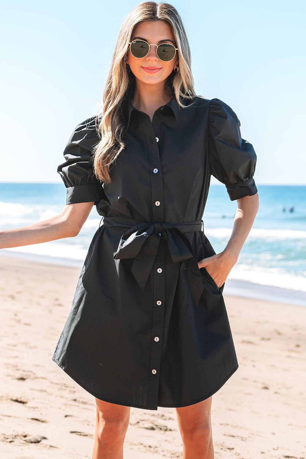 Black Button Up Tie Waist Puff Sleeve Mini Dress