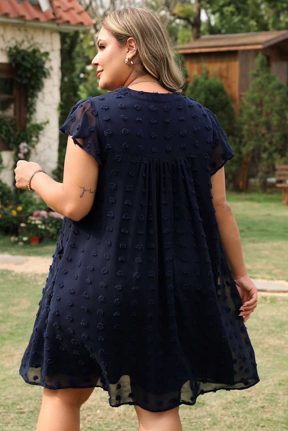 Black Dotty Textured Notched Neck Plus Ruffled Dress