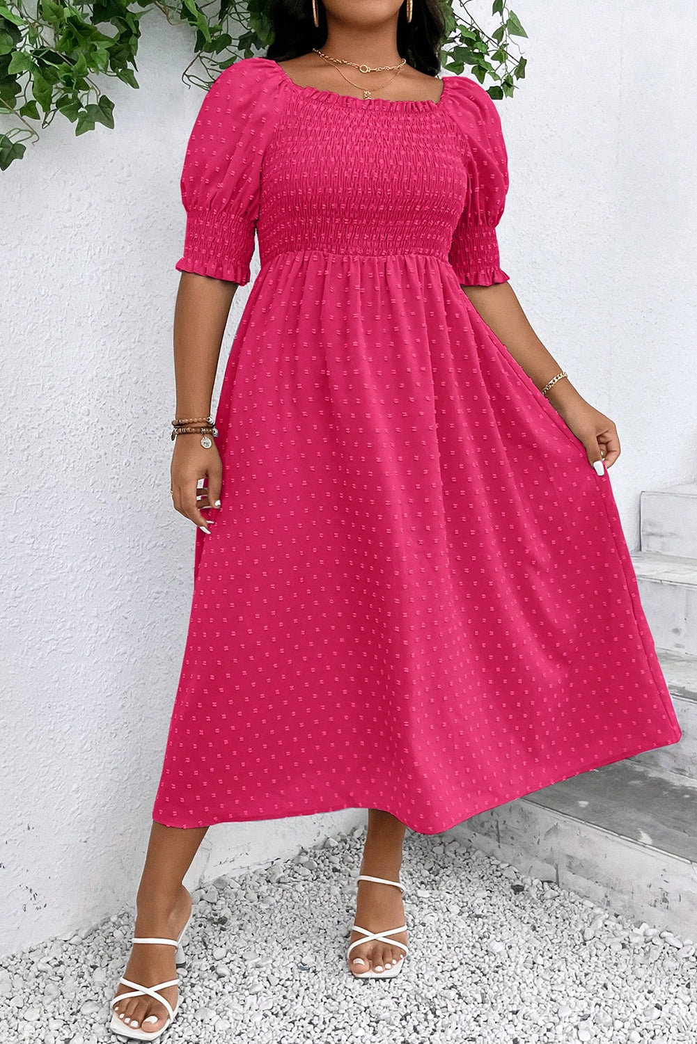 Sachet Pink Swiss Dot Smocked Frilled Neckline Short Sleeve Plus Size Dress