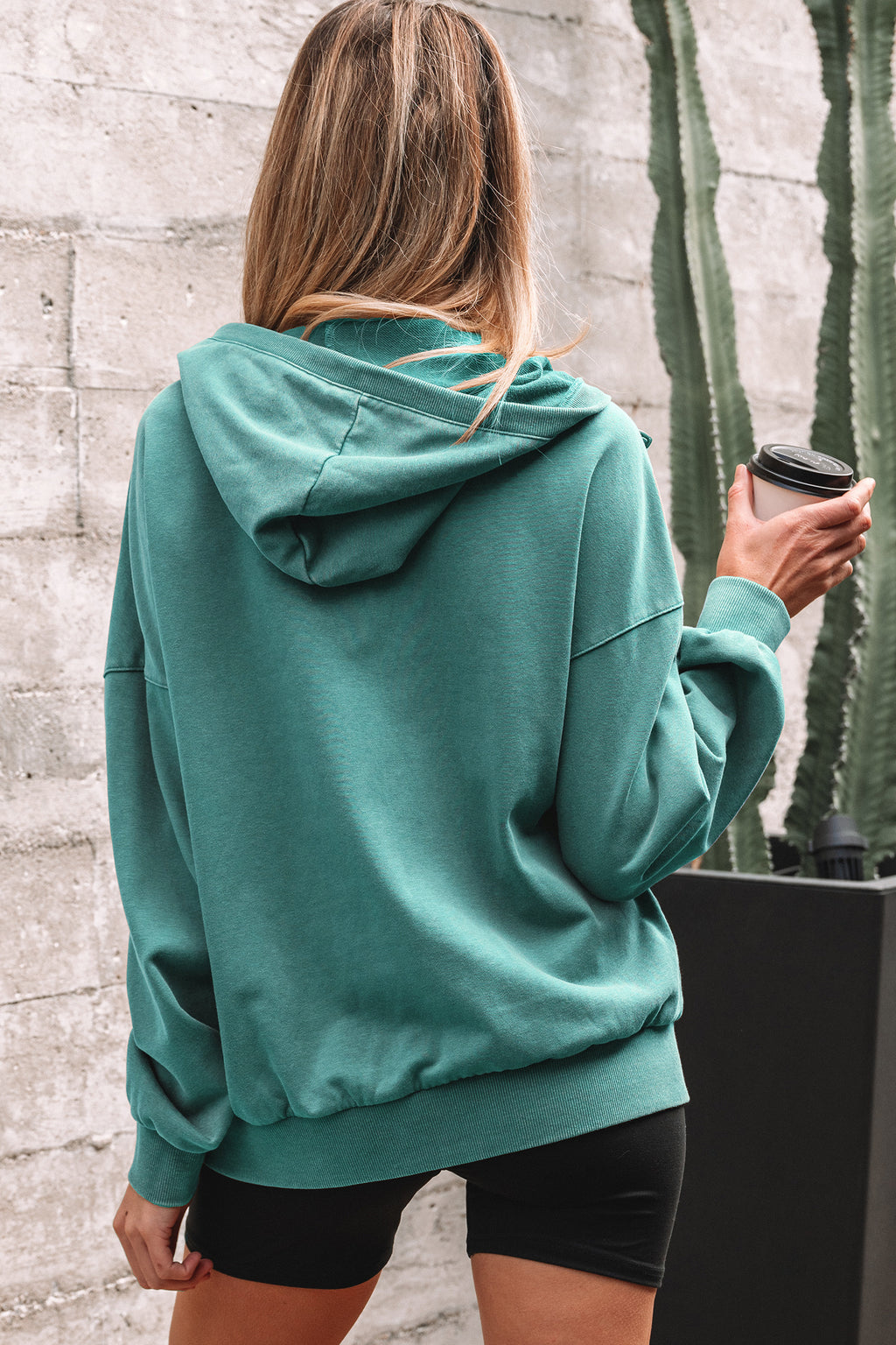 Black Half Zip Kangaroo Pocket Mineral Wash Baggy Hoodie