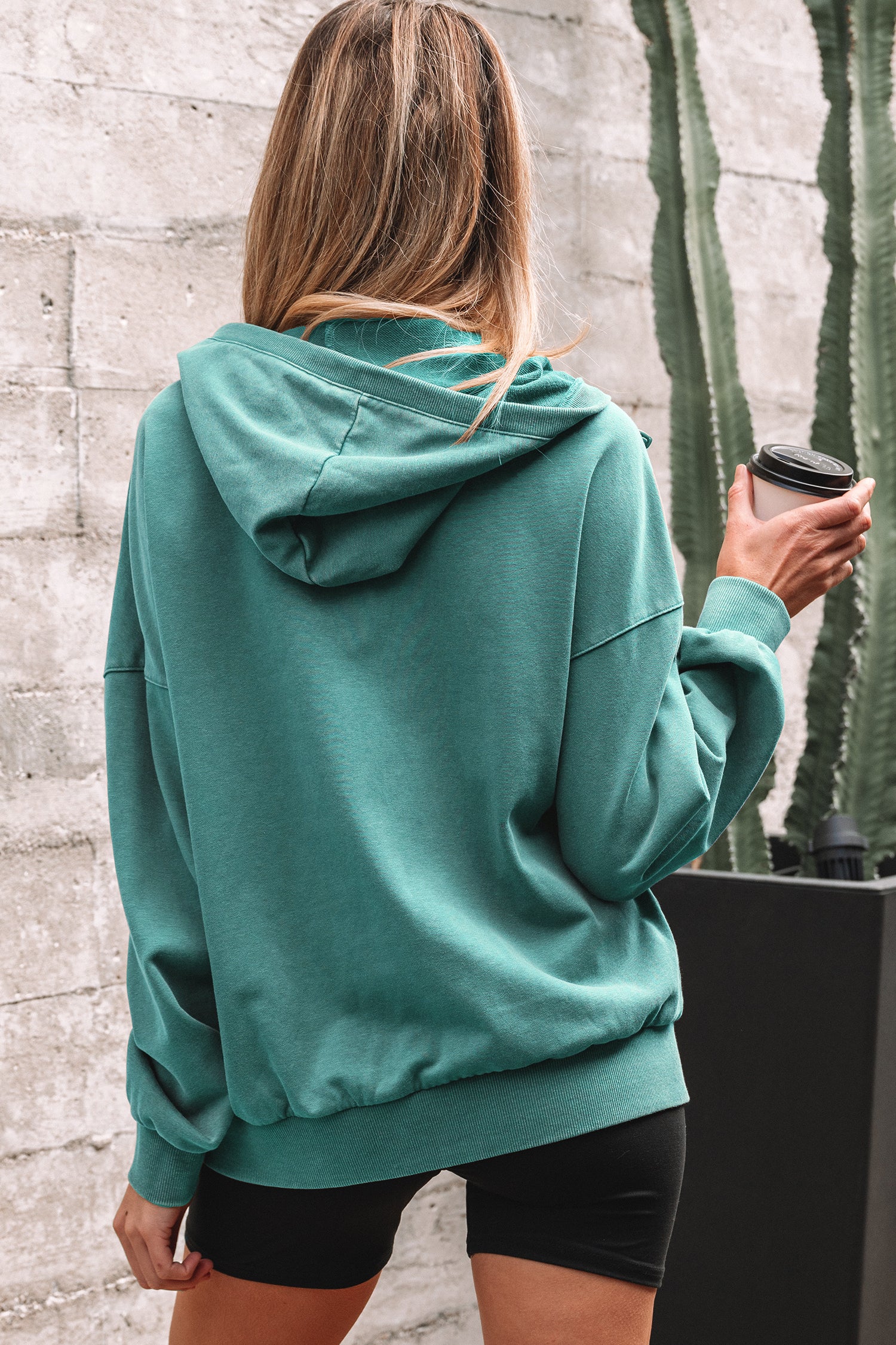 Black Half Zip Kangaroo Pocket Mineral Wash Baggy Hoodie