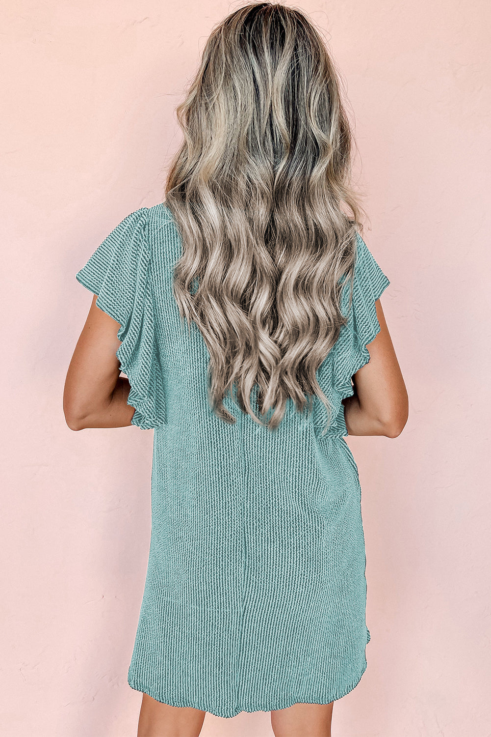 Black Textured Ruffled Flutter Sleeve Mini Dress