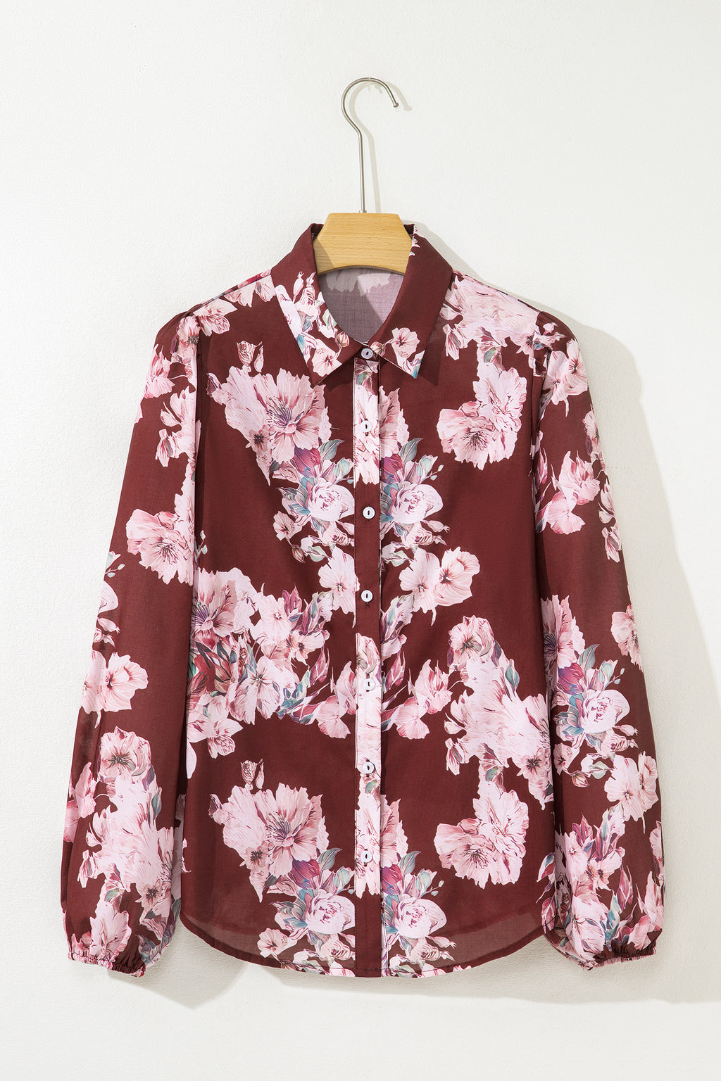 Brown Floral Puff Sleeve Lightweight Shirt