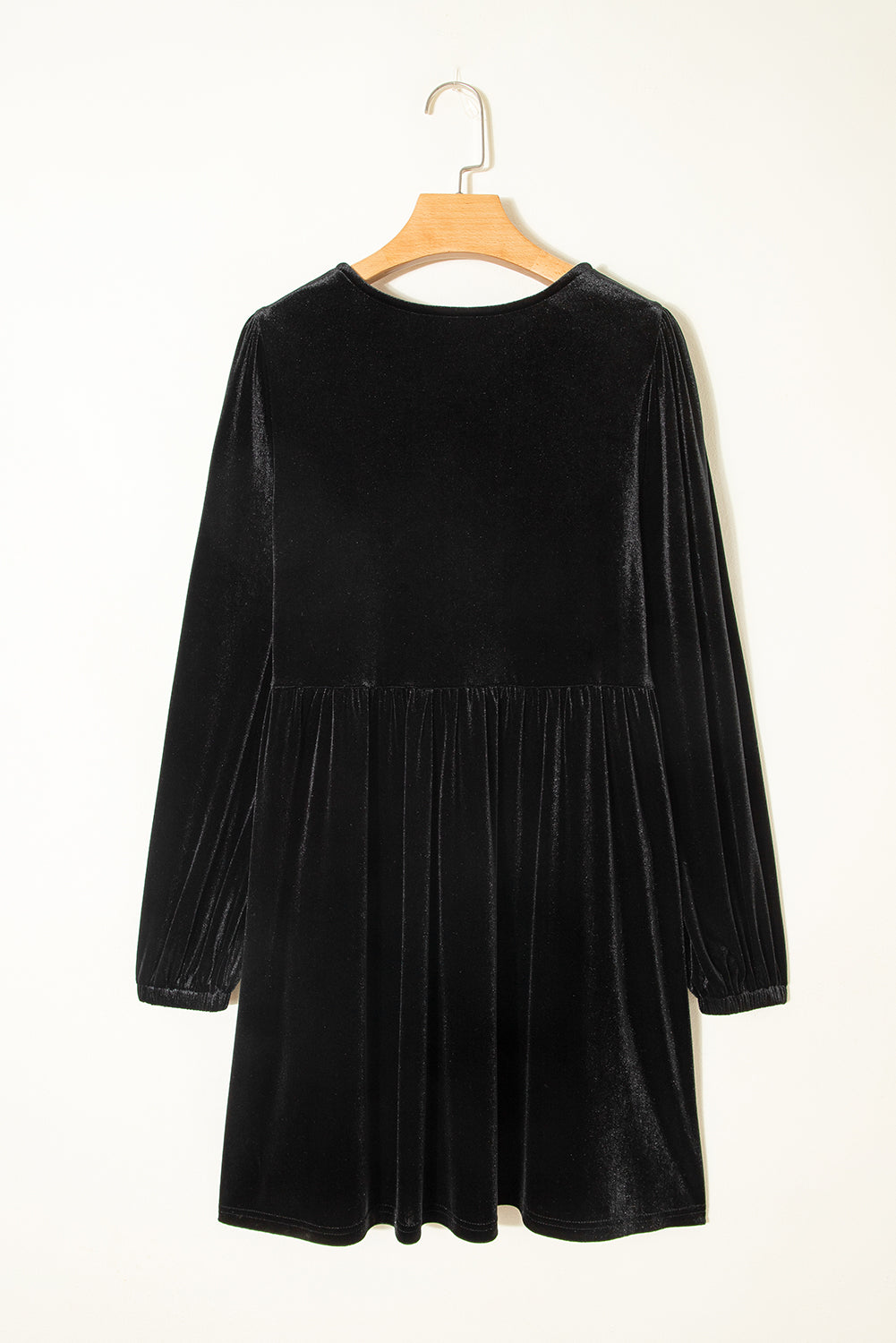 Black Front Tie Velvet Bubble Sleeve Mini Dress