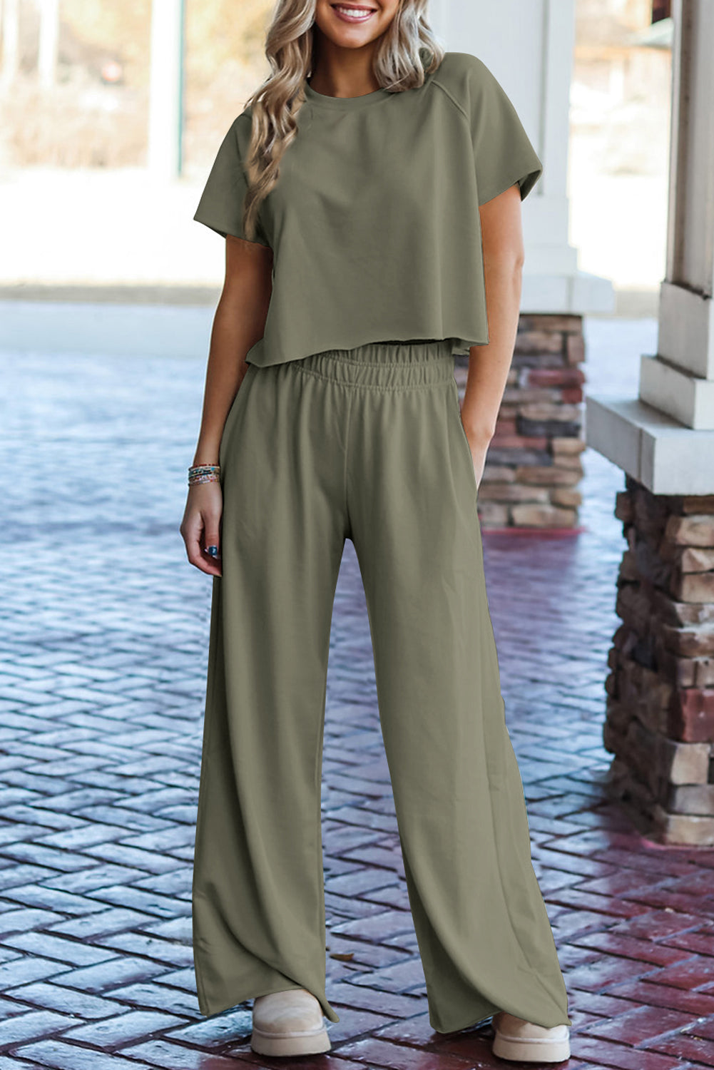 Navy Blue Raw Hem Loose Tee and Wide Leg Pants Set