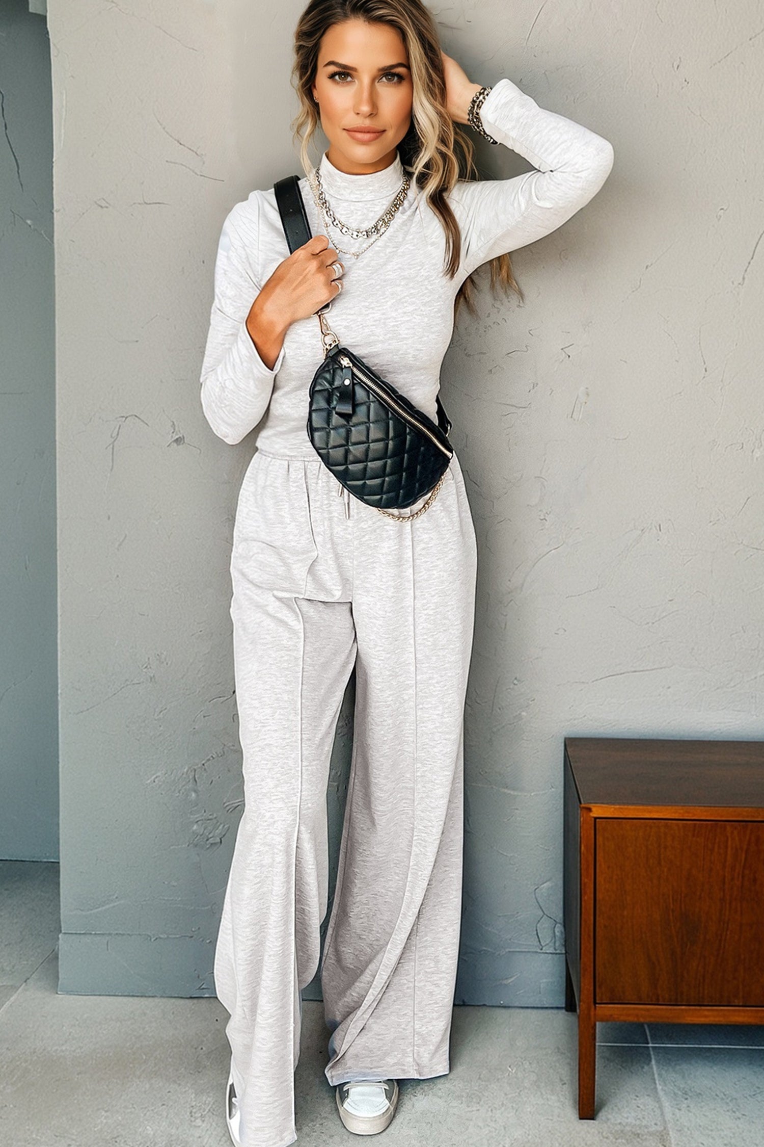 Light Grey Long Sleeve High Neck Slim Top Smocked Waist Central Seam Pants Set