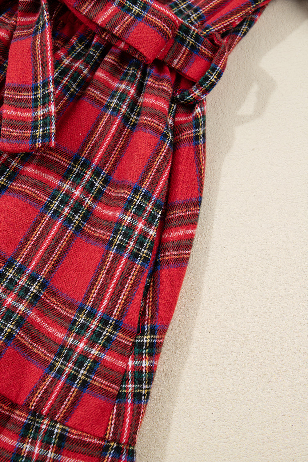 Red Christmas Plaid V Neck 3/4 Sleeve Tie Waist Ruffle Hem Long Dress