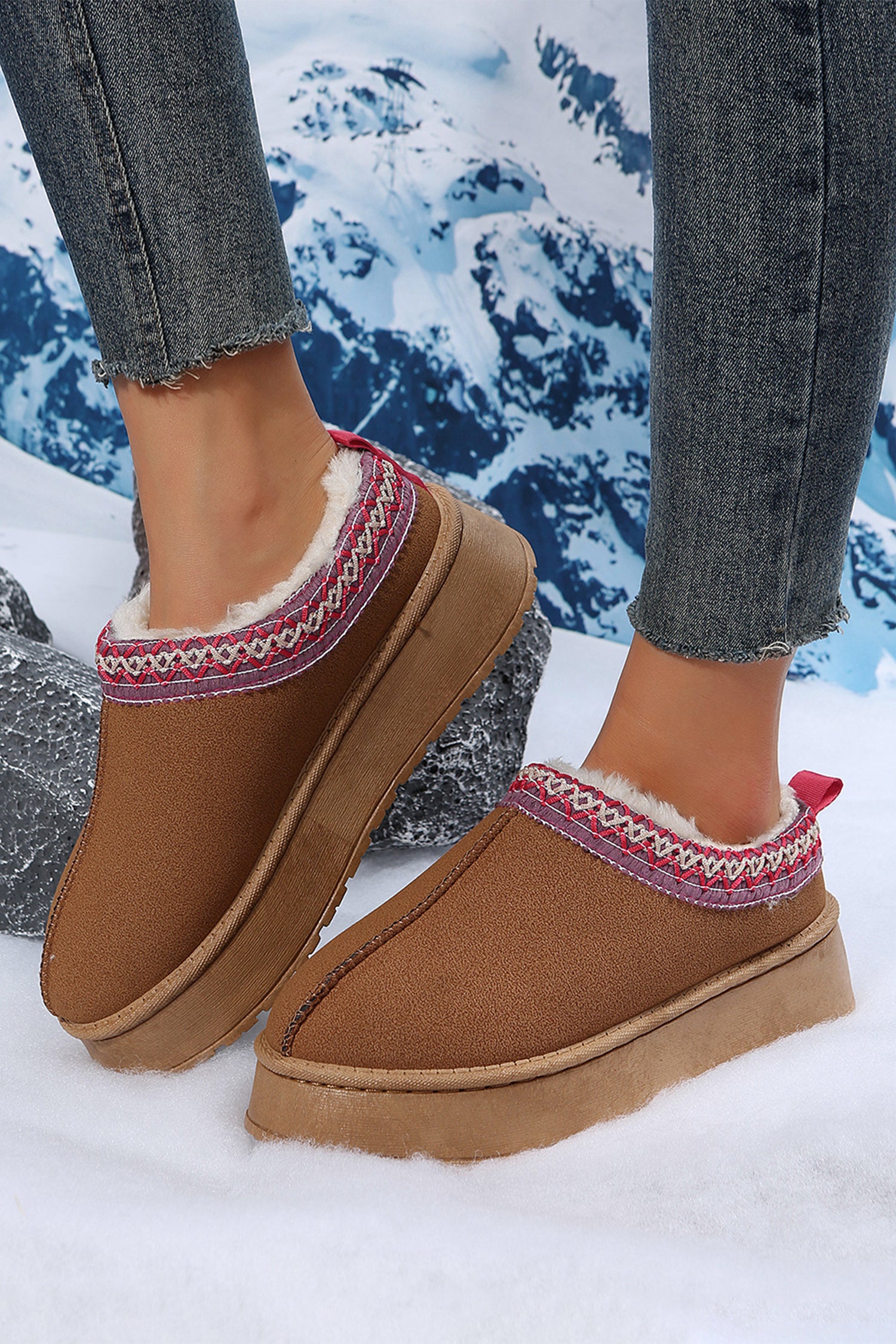 Chestnut Contrast Print Suede Plush Lined Snow Boots