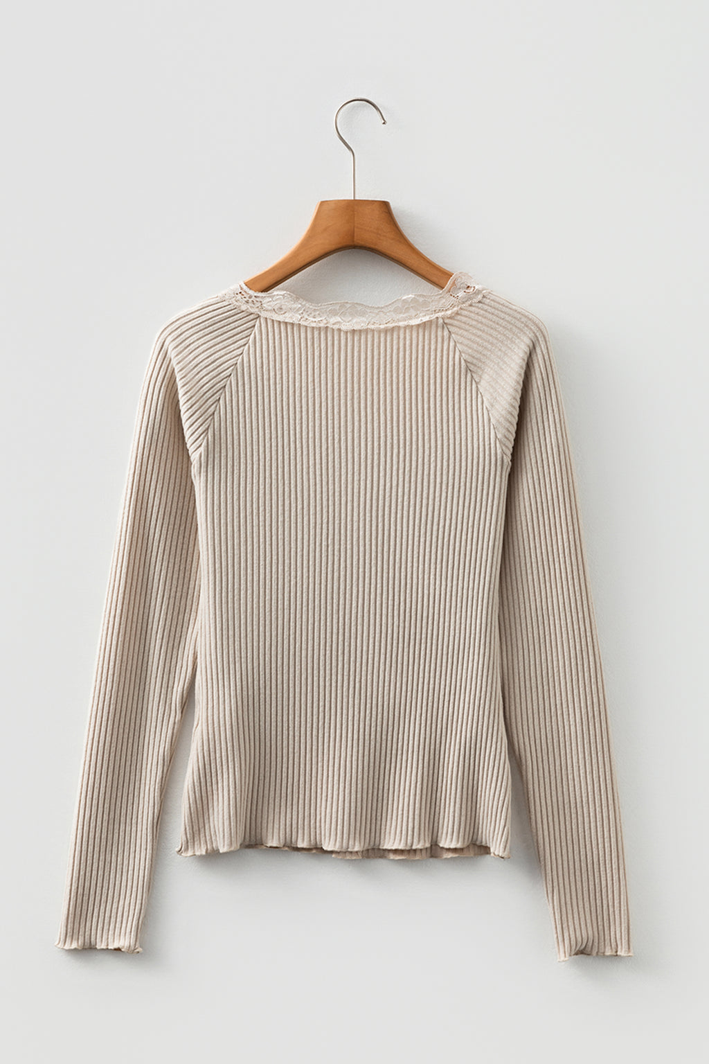 Beige Lace Neckline Button Decor Lettuce Edge Long Sleeve Ribbed Top