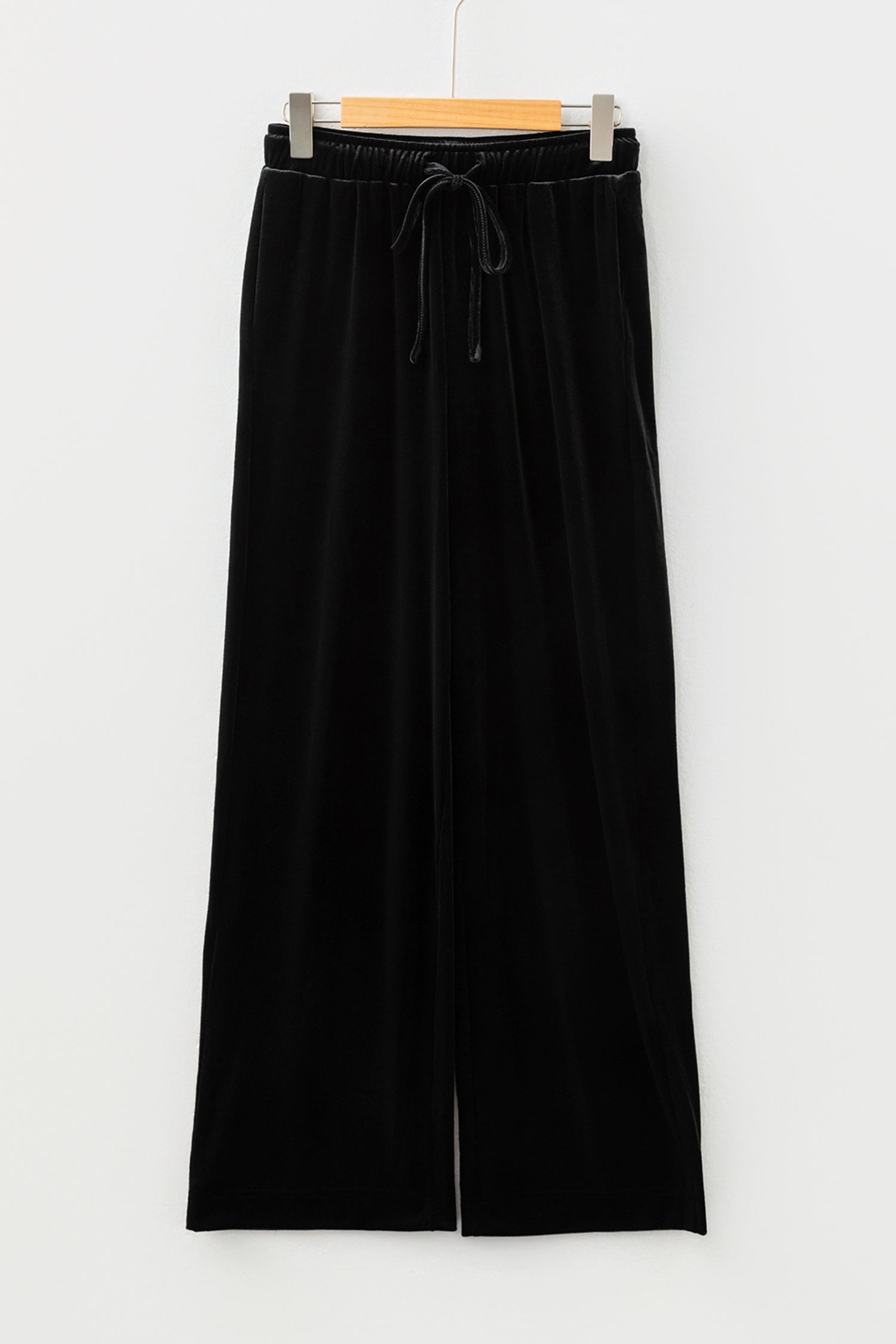 Black Shiny Velvet Drawstring High Waist Straight Leg Casual Pants