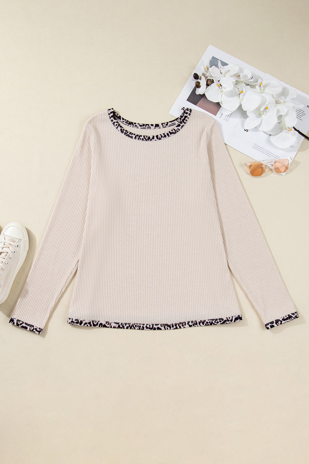 Parchment Ribbed Contrast Leopard Edge Round Neck Plus Knit Top