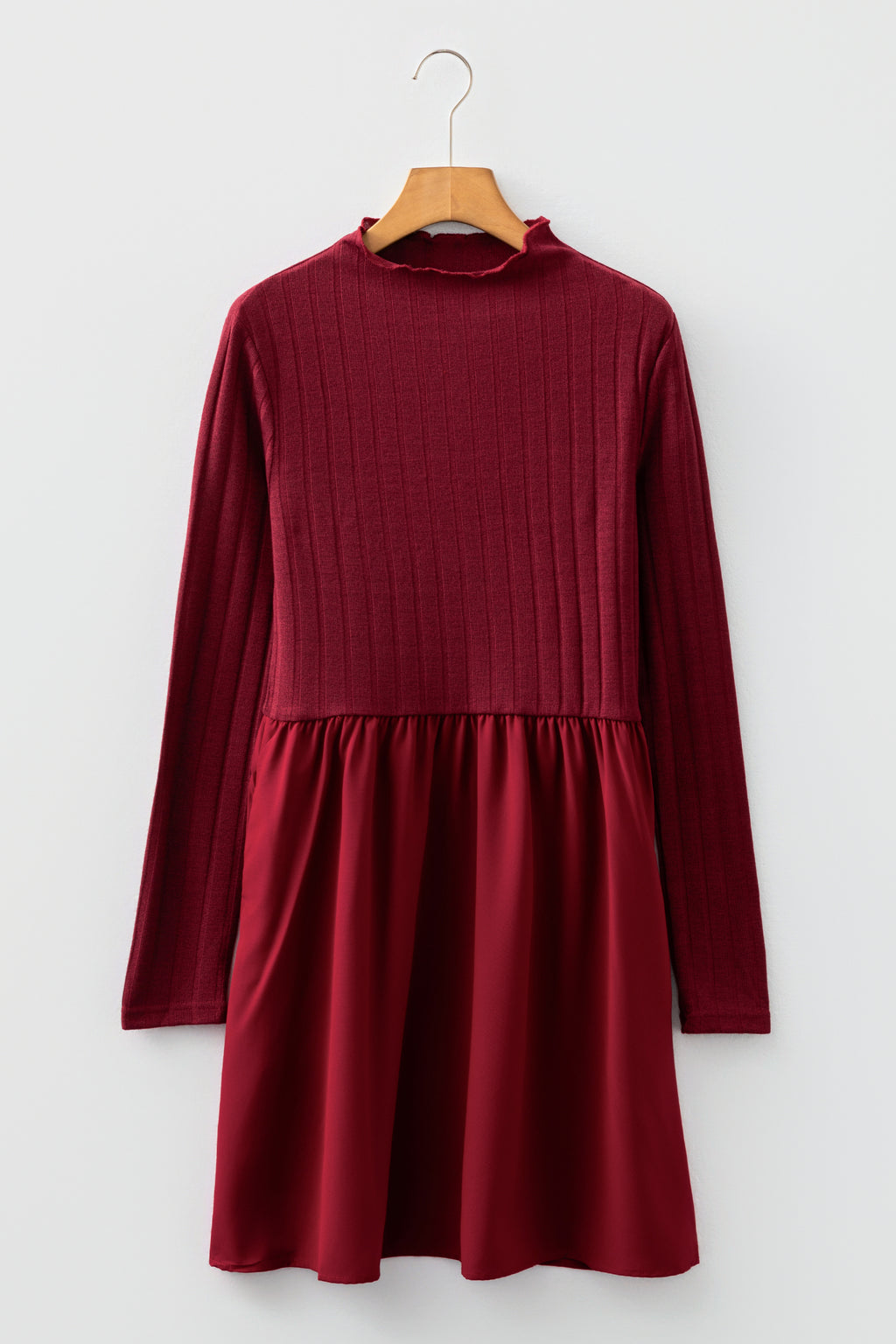 Red Dahlia Frilled Neck Ribbed Knit Patchwork Long Sleeve Mini Dress