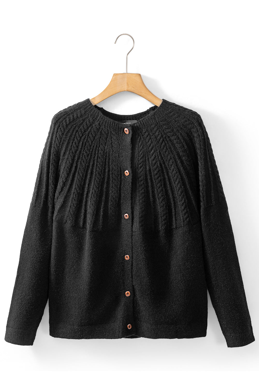 Black Solid Color Textured Detail Button Down Long Sleeve Sweater Cardigan