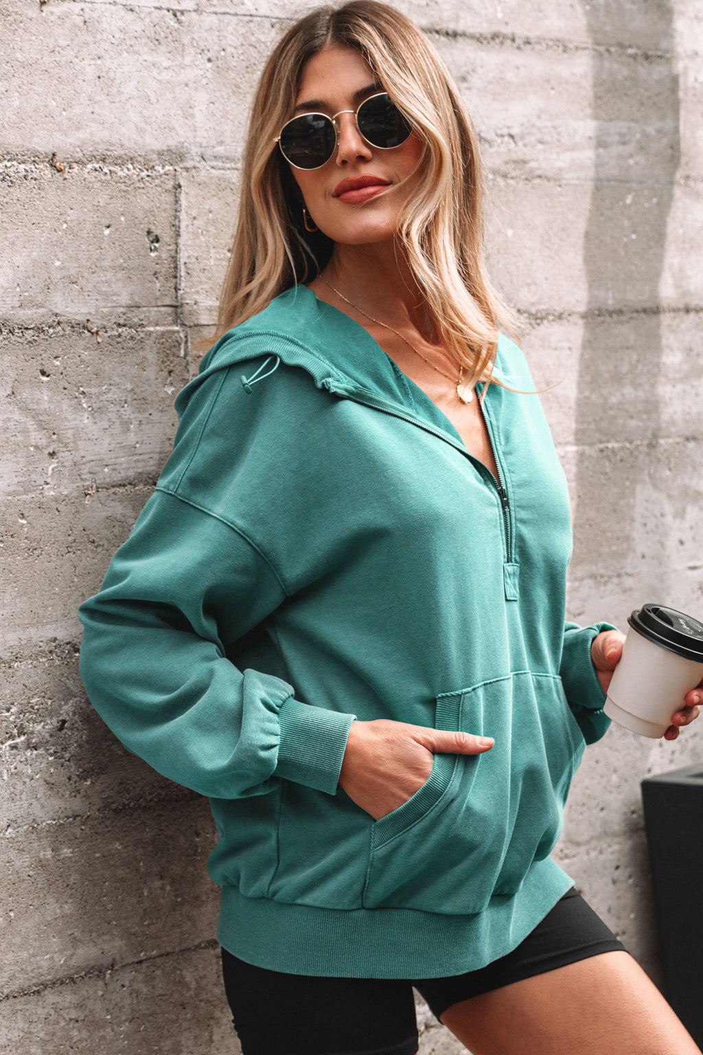 Black Half Zip Kangaroo Pocket Mineral Wash Baggy Hoodie