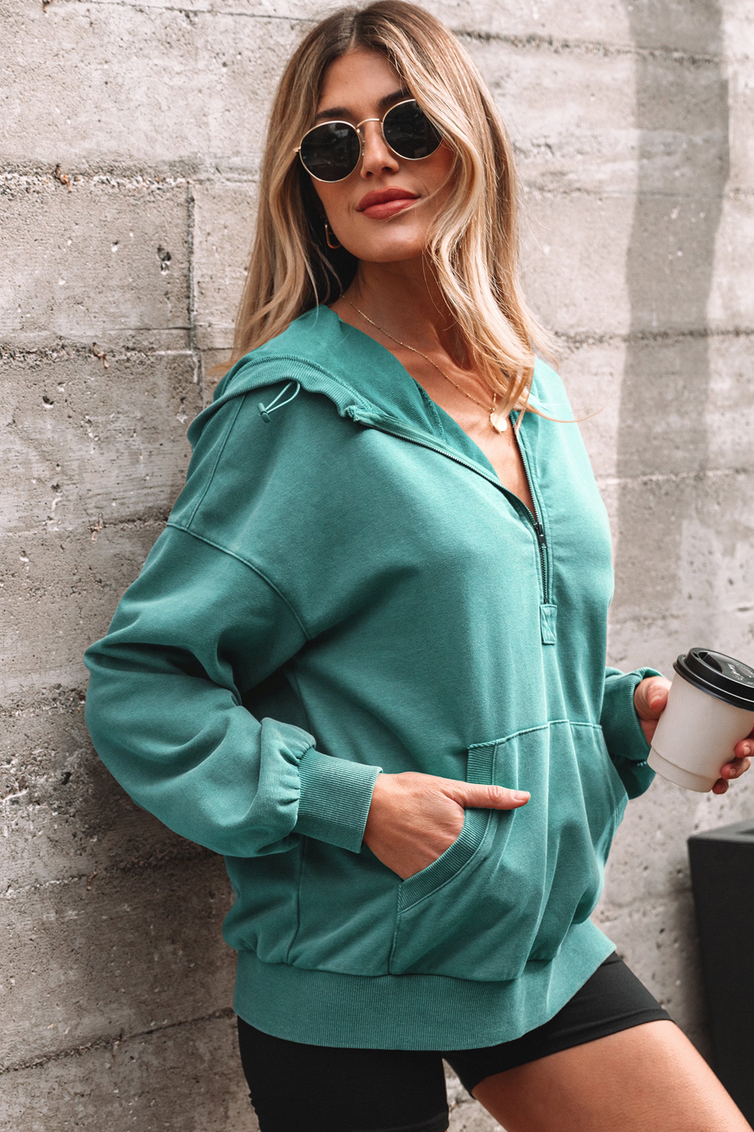 Black Half Zip Kangaroo Pocket Mineral Wash Baggy Hoodie
