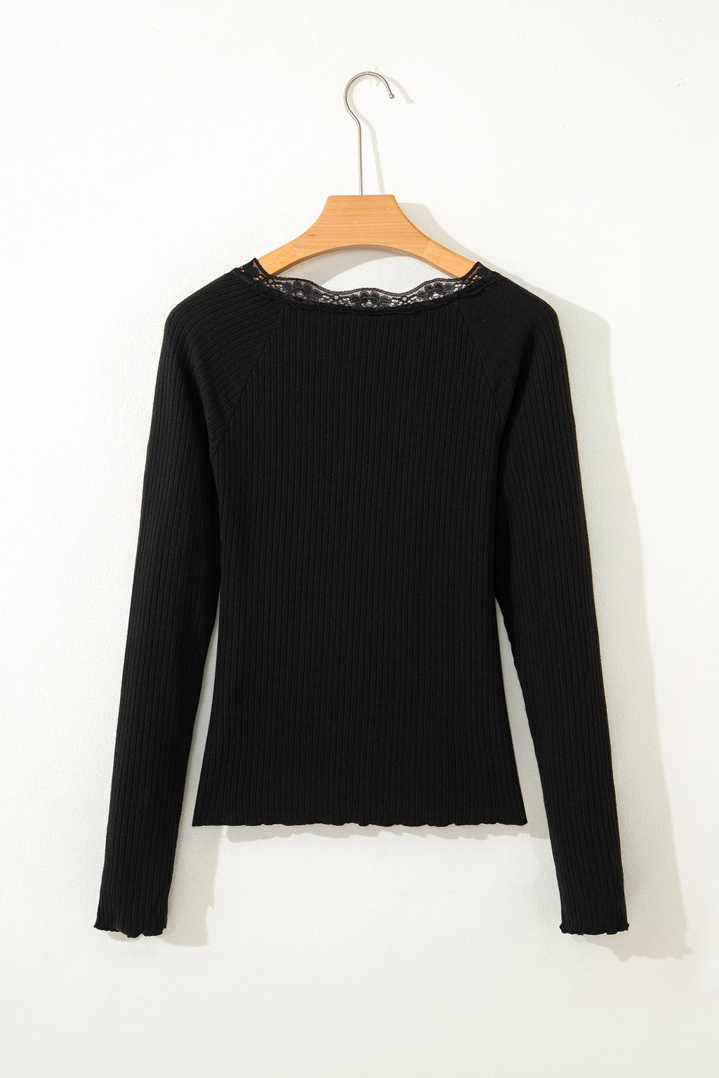 Skobeloff Lace Neckline Button Decor Lettuce Edge Long Sleeve Ribbed Top
