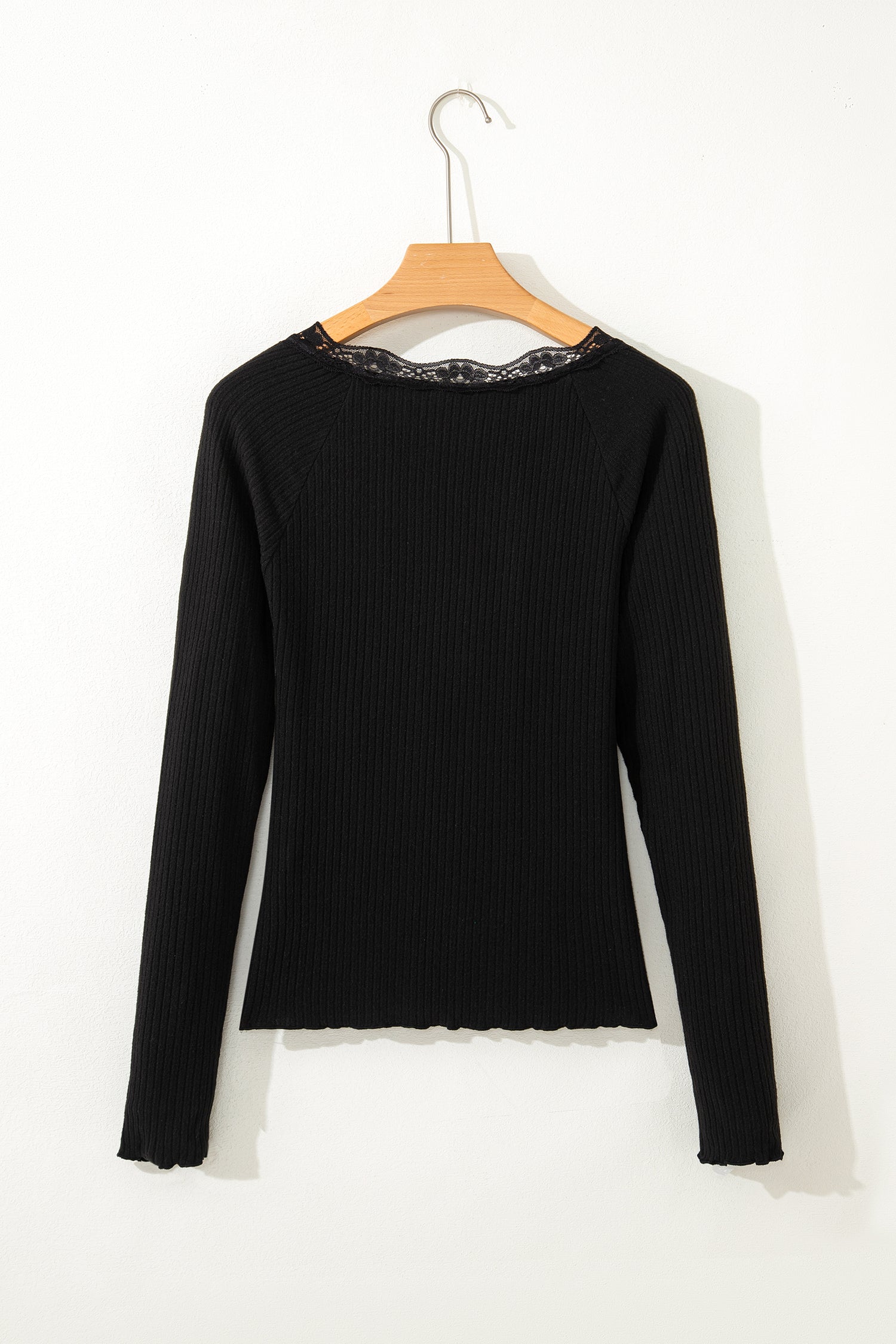 Skobeloff Lace Neckline Button Decor Lettuce Edge Long Sleeve Ribbed Top