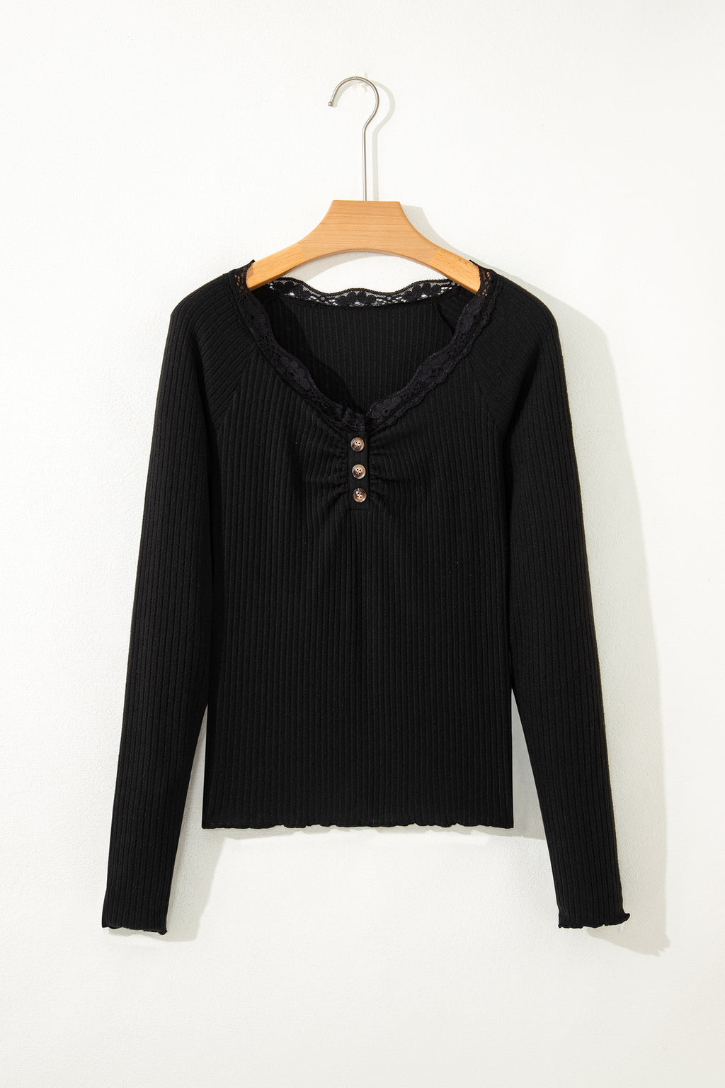 Skobeloff Lace Neckline Button Decor Lettuce Edge Long Sleeve Ribbed Top
