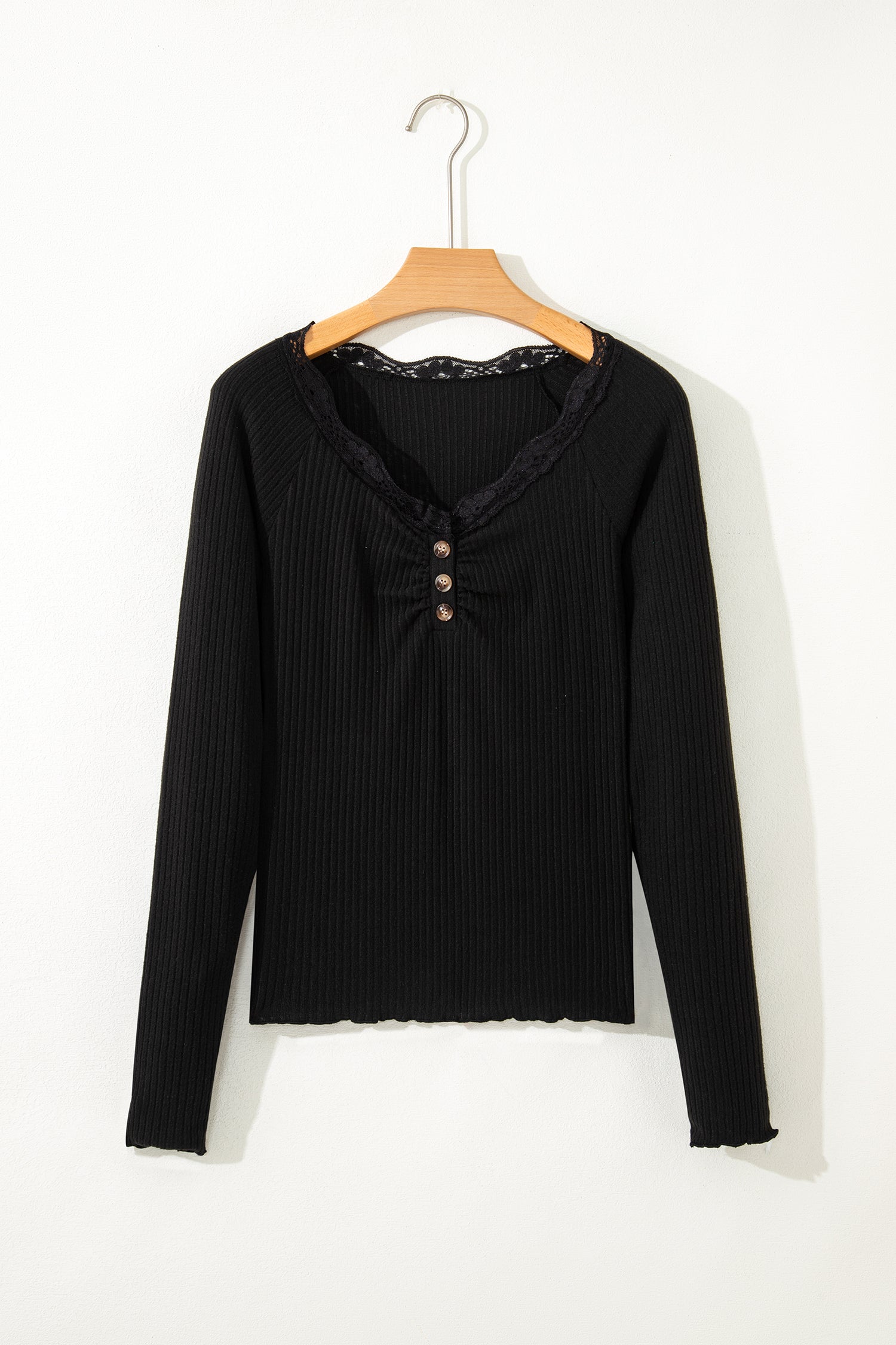 Skobeloff Lace Neckline Button Decor Lettuce Edge Long Sleeve Ribbed Top