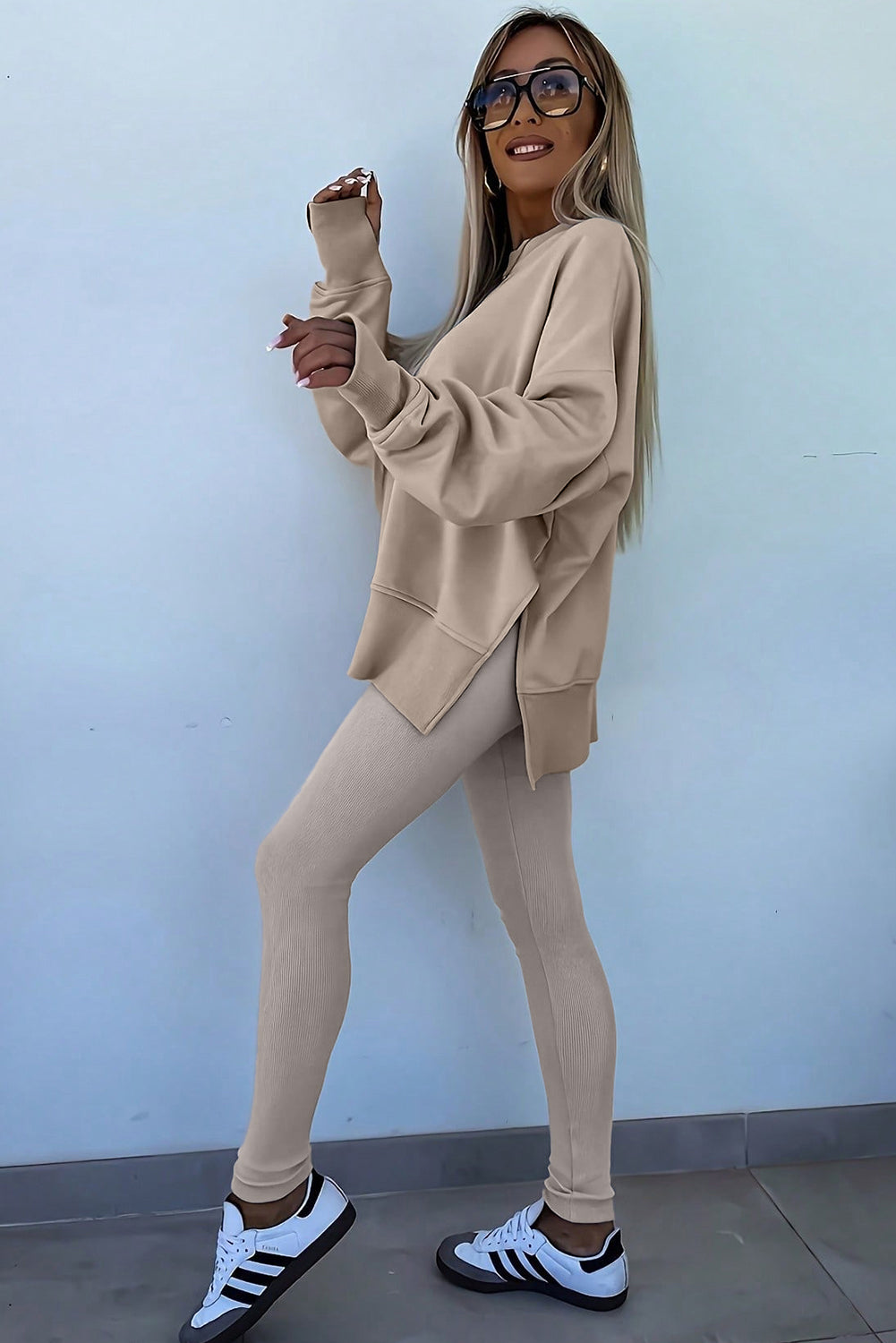 Orchid Mist Solid Color Oversize Slit Sweatshirt Ribbed Leggings 2pcs Set