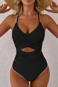 Beau Blue Ric Rac Trim Contrasted Patchwork Cutout One Piece Swimsuit