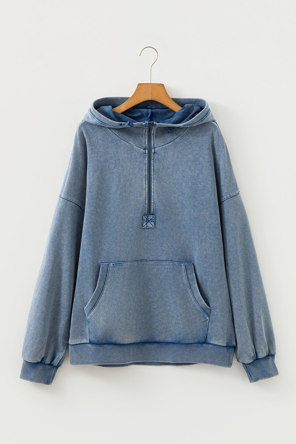 Black Half Zip Kangaroo Pocket Mineral Wash Baggy Hoodie