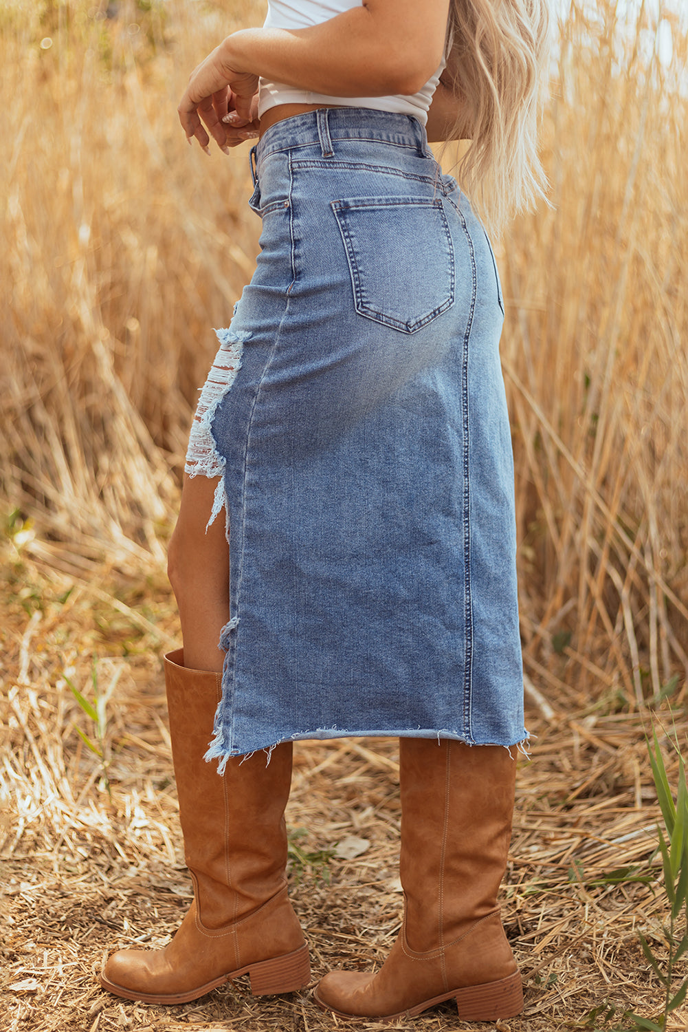 Dear Lover Myosotis Irregular Distressed Bottom Denim Midi Skirt