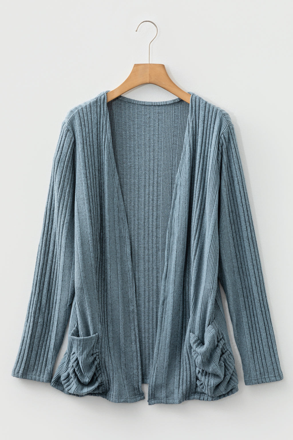 Black Ribbed Open Front Knitted Top with Pockets